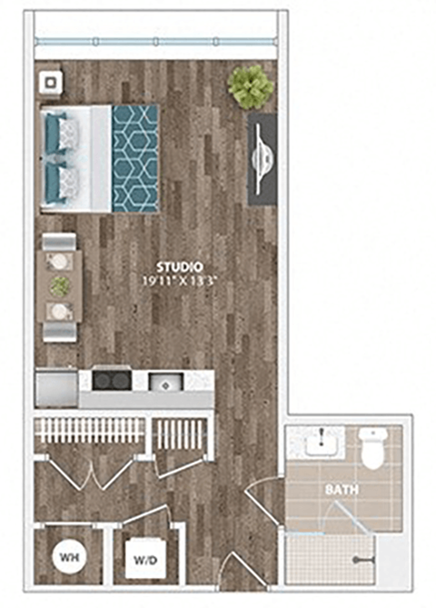 Floor plan for studio, 1 bath, 478 sqft